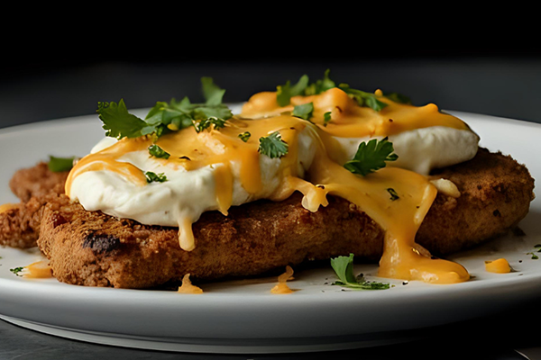 9. Cachopo de ternera con queso Monterey Jack y fondue de queso azul de búfala del Empordà