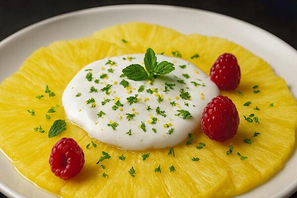 14. Carpaccio de piña y yogur.