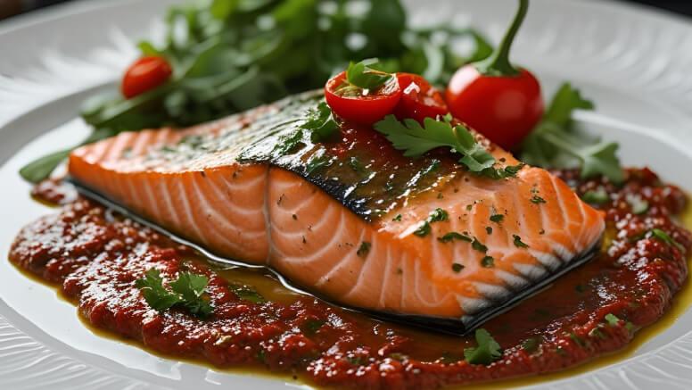 Salmon al horno con salsa Muhammara.