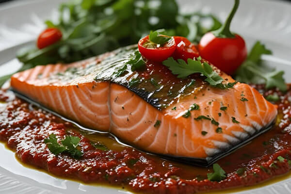 25. Salmón al horno con salsa Muhammara o crema siria de pimientos de piquillo.