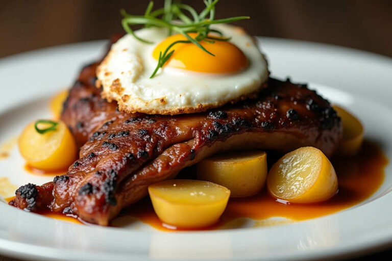 40. Lagarto de cerdo ibérico Montaraz y huevos camperos con trufa.