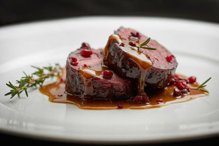 46. Medallones de ciervo o venado en salsa de toffee.