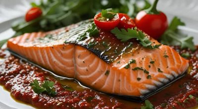 Salmón al horno con salsa Muhammara.