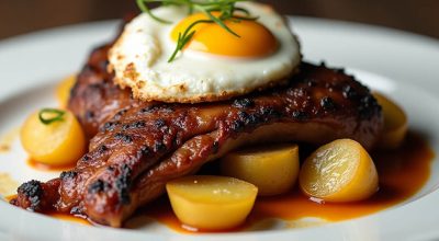Lagarto de cerdo ibérico y huevos con trufa