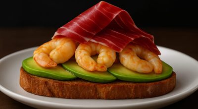 Tostada con aguacate y gambas al ajillo con jamón 6x4